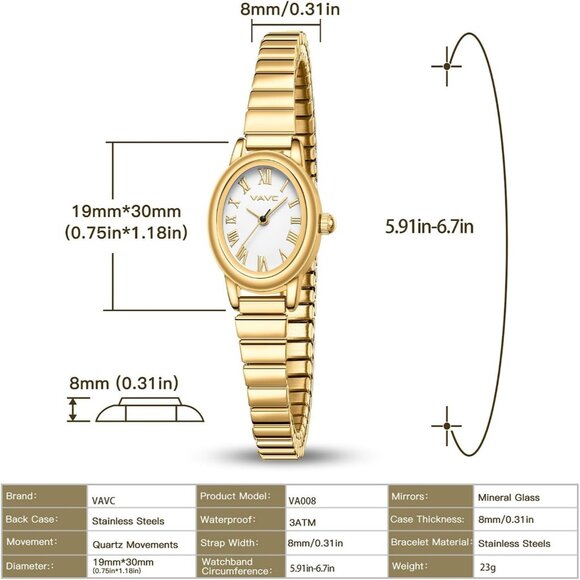 Women's Gold Watch with Stainless Steel Expansion Band Oval Case Roman Dial - Picture 4 of 6